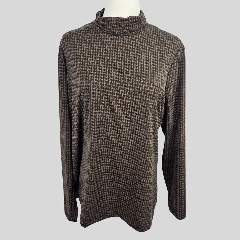 J.McLaughlin Top XL Houndstooth Brown Black Long Sleeve Mock Neck Academia - Picture 2 of 11